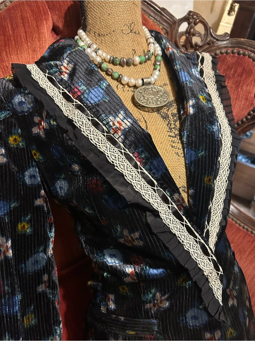 Anthropologie Floral Velvet Blazer with Black with Lace Trim